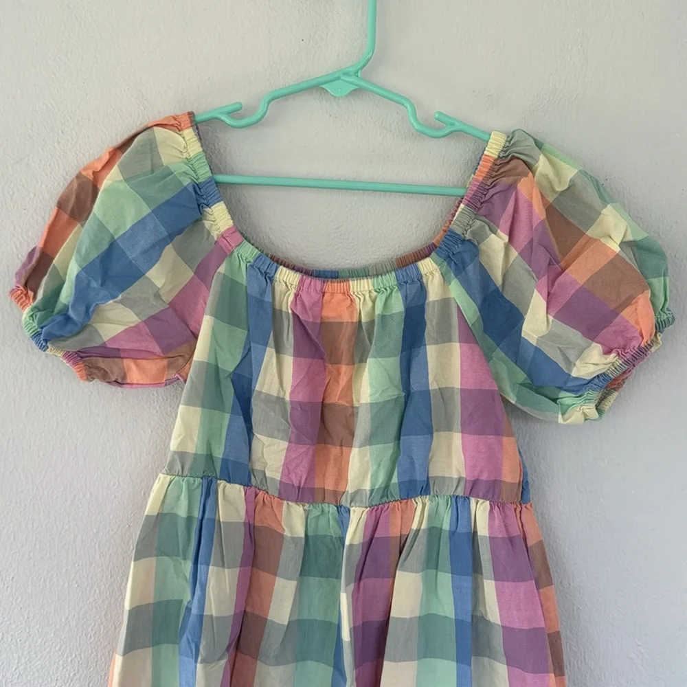GAP girl’s pastel gingham plaid cotton button print puff sleeve dress medium